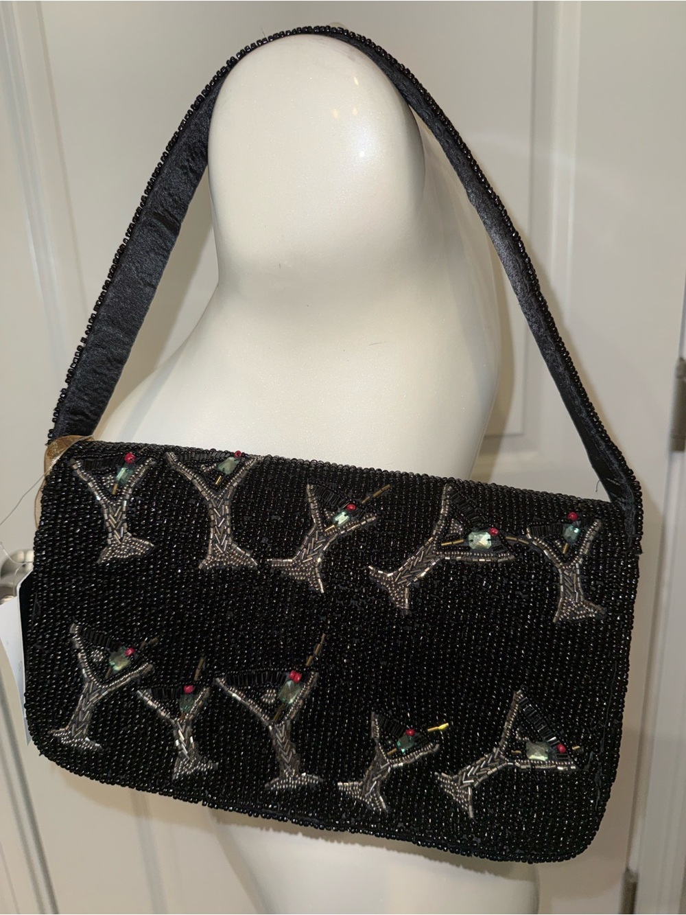 Black Beaded Martini-Embellished Shoulder Bag